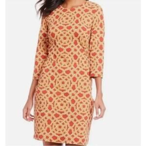 J. McLaughlin Sophia Catalina Sheath Dress Geometric‎ Red Orange 3/4 Sleeves L